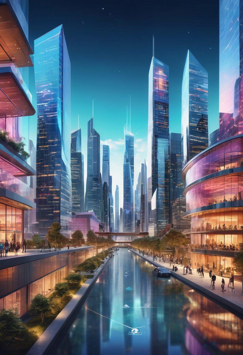 A futuristic city skyline showcasing diverse architectural designs, with digital representations of real estate trends overlaying the buildings. Include graphs illustrating housing market statistics in the sky, and people interacting with holographic property listings. The scene should convey innovation and investment potential in realty. vibrant colors. 3D. super-realistic.
