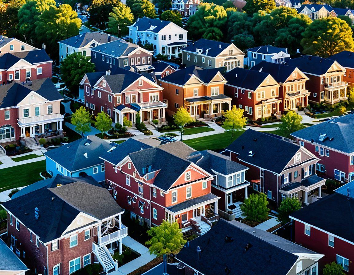 An aerial view of a vibrant cityscape filled with diverse residential properties, featuring both modern homes and historic buildings. Include a winding pathway leading through a neighborhood with 'For Sale' signs and 'Sold' banners. Bright sunset sky casting warm light over the scene, with symbols of investment such as dollar signs or upward arrows subtly integrated into the design. super-realistic. vibrant colors. aerial perspective.