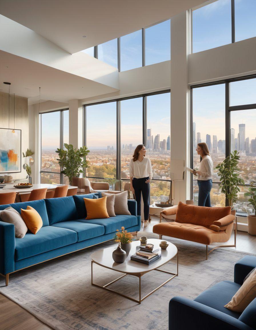 A diverse group of people exploring a modern home, with an enthusiastic first-time buyer examining a spacious living room, while a seasoned investor analyzes blueprints. The background features a picturesque city skyline, symbolizing opportunity and growth. Warm, inviting lighting adds to the engaging atmosphere. vibrant colors. 3D. super-realistic.